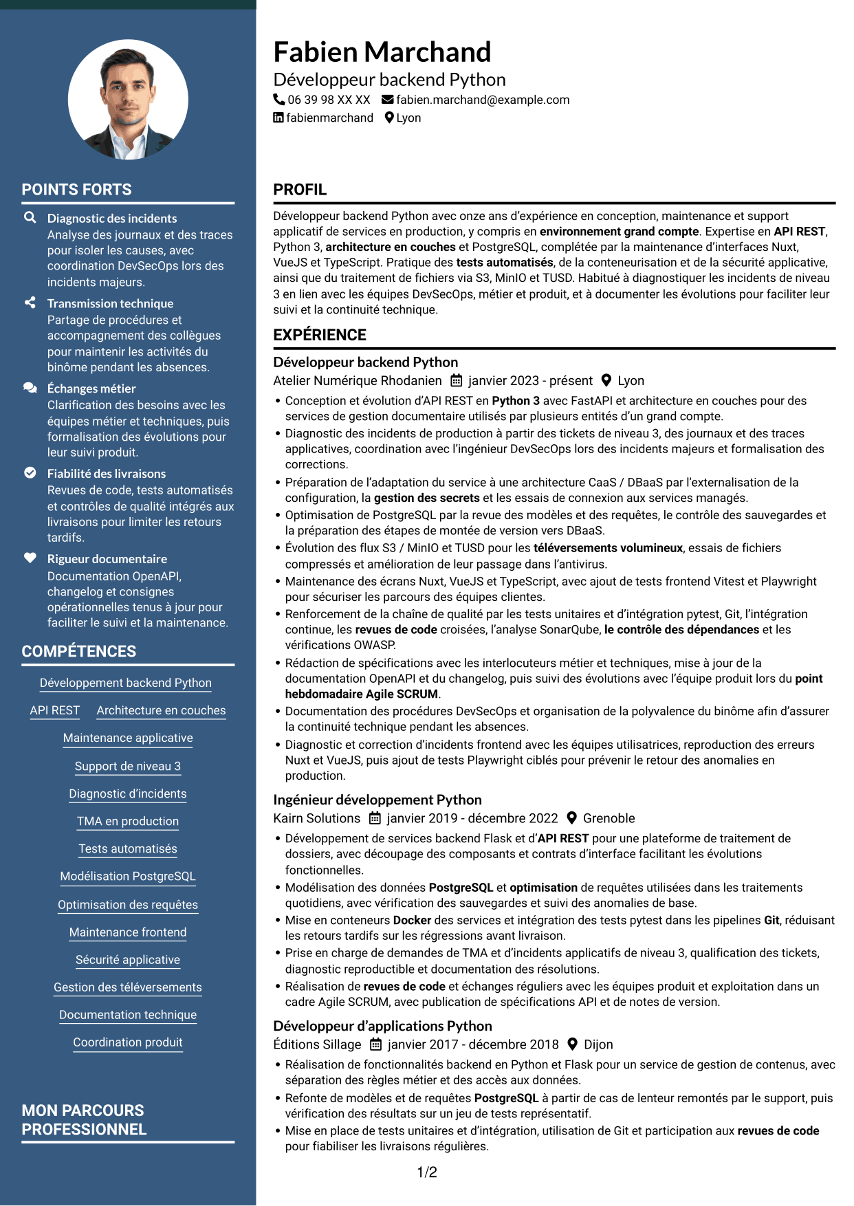 CV Élégant (format à colonne latérale colorée avec photo) : Développeur Backend Python - API et maintenance applicative, page 1