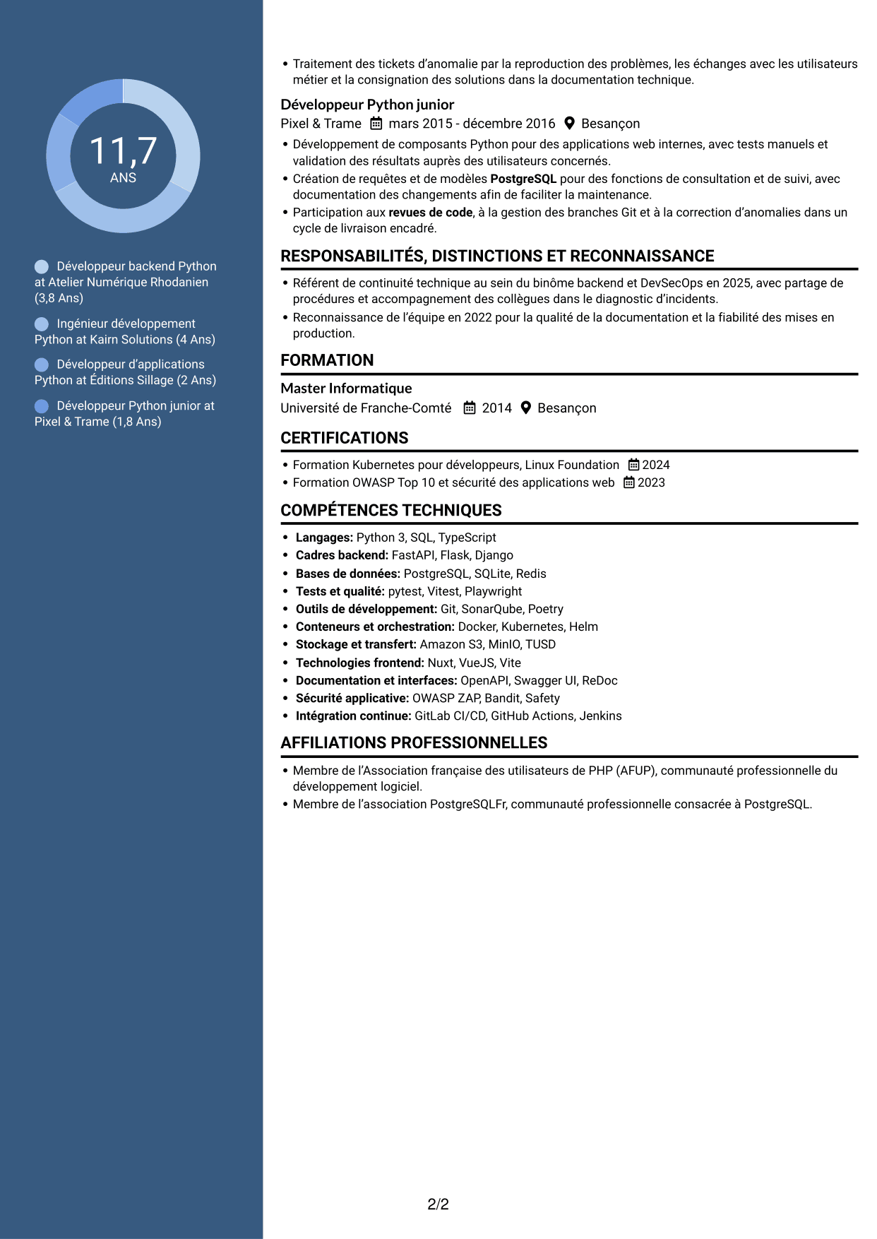 CV Élégant (format à colonne latérale colorée avec photo) : Développeur Backend Python - API et maintenance applicative, page 2