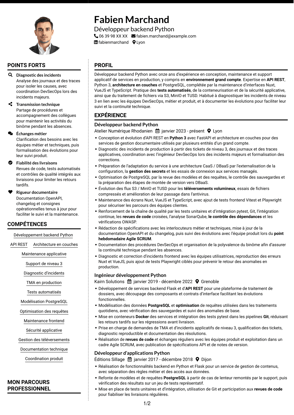 CV Moderne (format à deux colonnes avec photo à gauche et séparateur) : Développeur Backend Python - API et maintenance applicative, page 1
