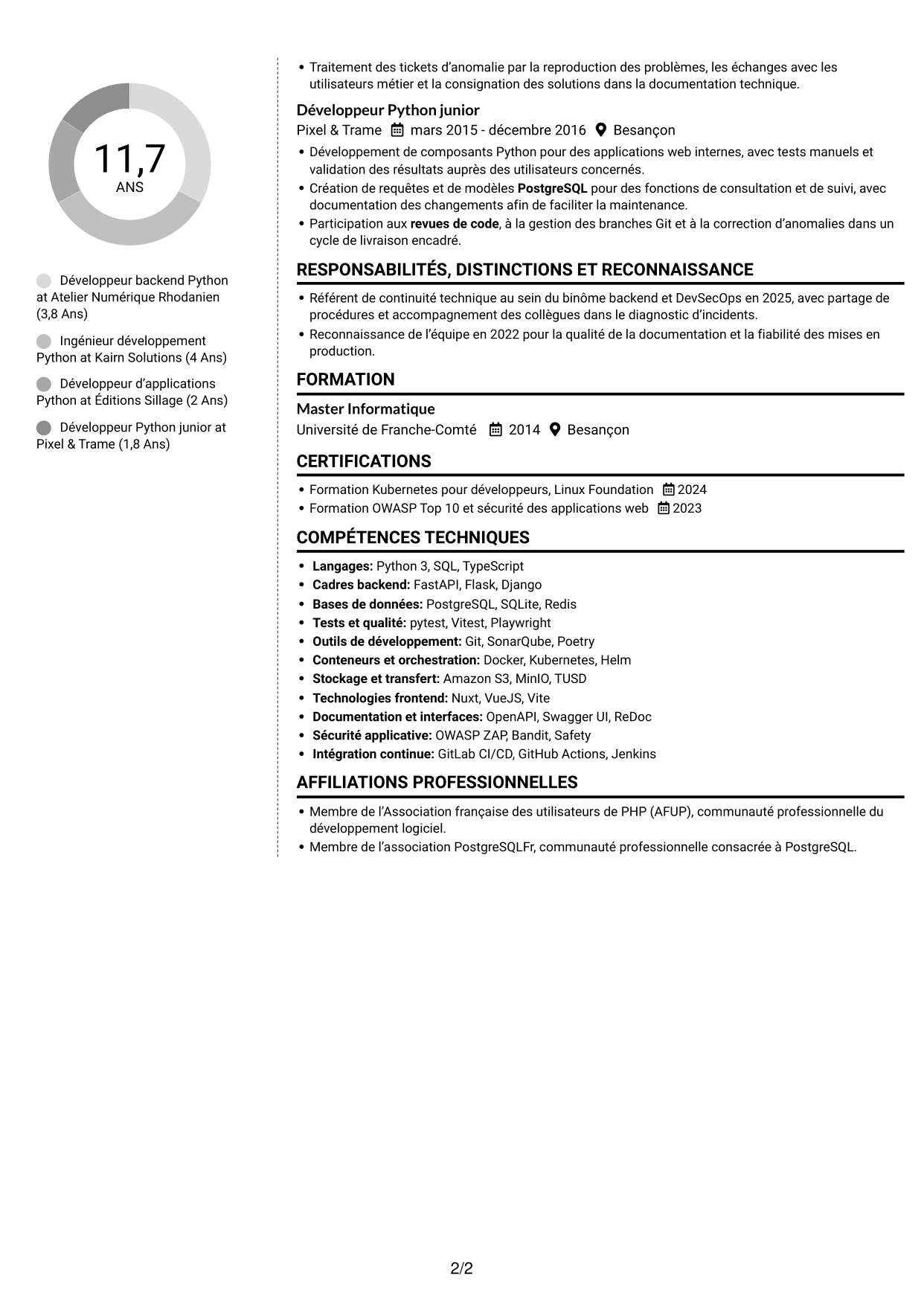 CV Moderne (format à deux colonnes avec photo à gauche et séparateur) : Développeur Backend Python - API et maintenance applicative, page 2