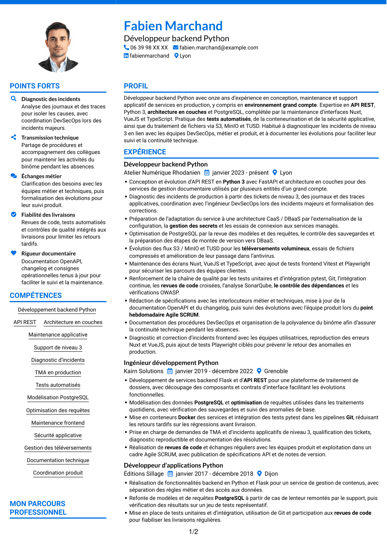 CV Audacieux (format à deux colonnes avec accents colorés et photo) : Développeur Backend Python - API et maintenance applicative, page 1