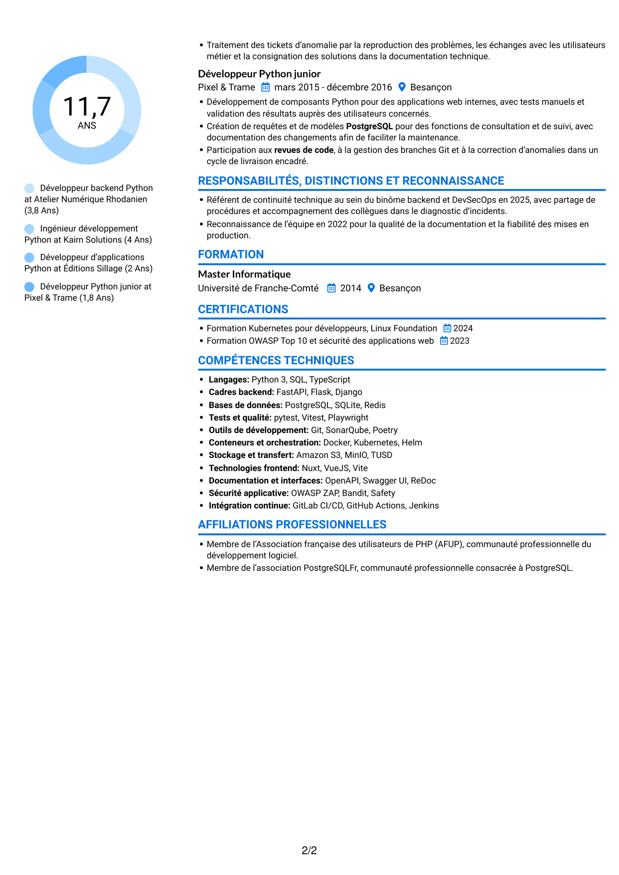 CV Audacieux (format à deux colonnes avec accents colorés et photo) : Développeur Backend Python - API et maintenance applicative, page 2
