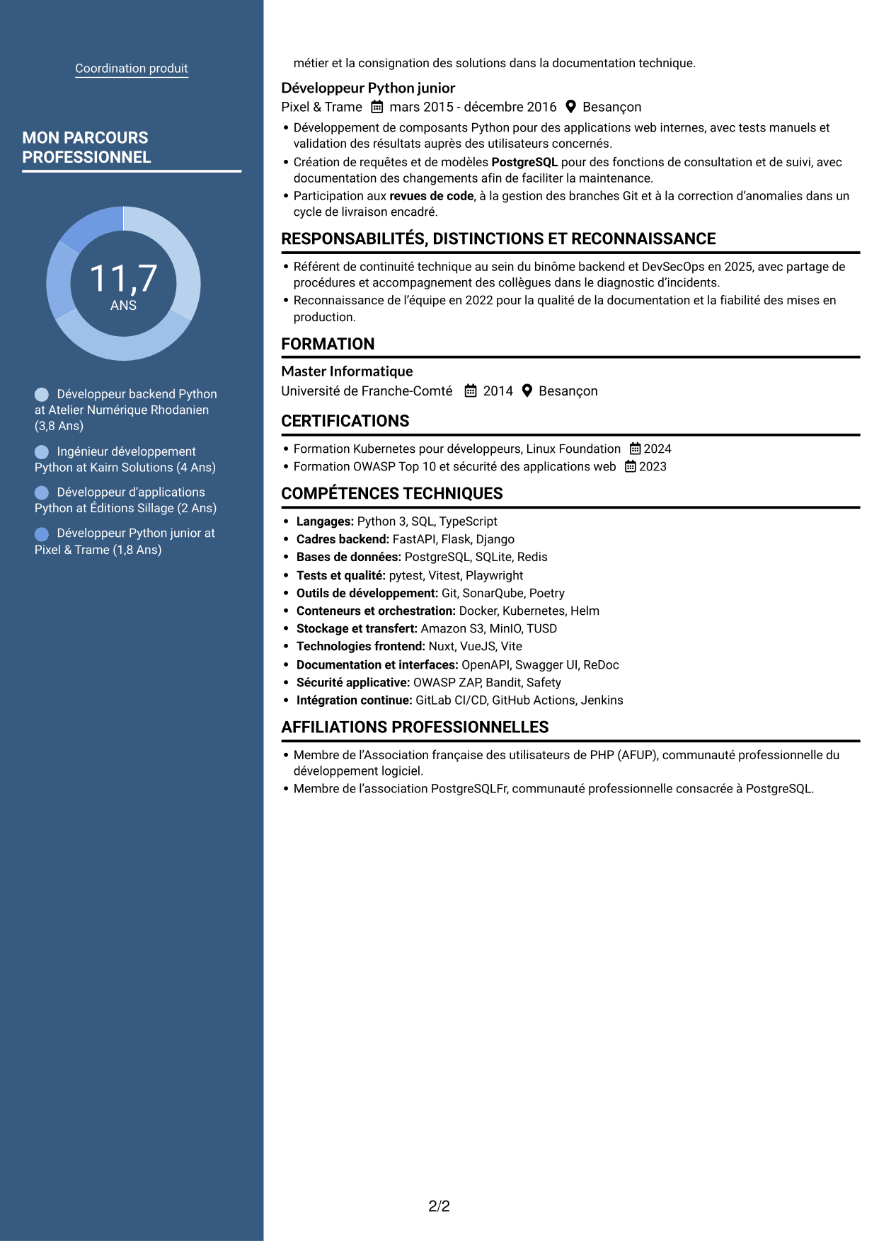 CV Signature (format à colonne latérale colorée avec grande photo) : Développeur Backend Python - API et maintenance applicative, page 2