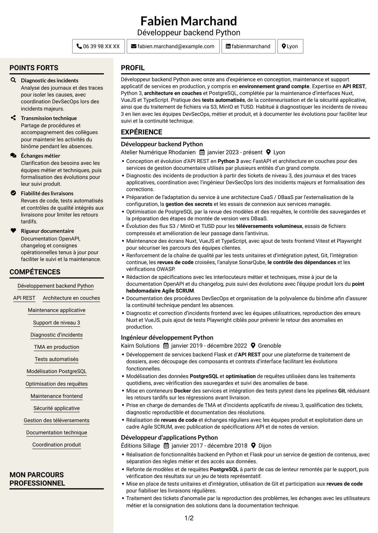 CV Fonceur (format à deux colonnes avec en-tête centré sans photo) : Développeur Backend Python - API et maintenance applicative, page 1