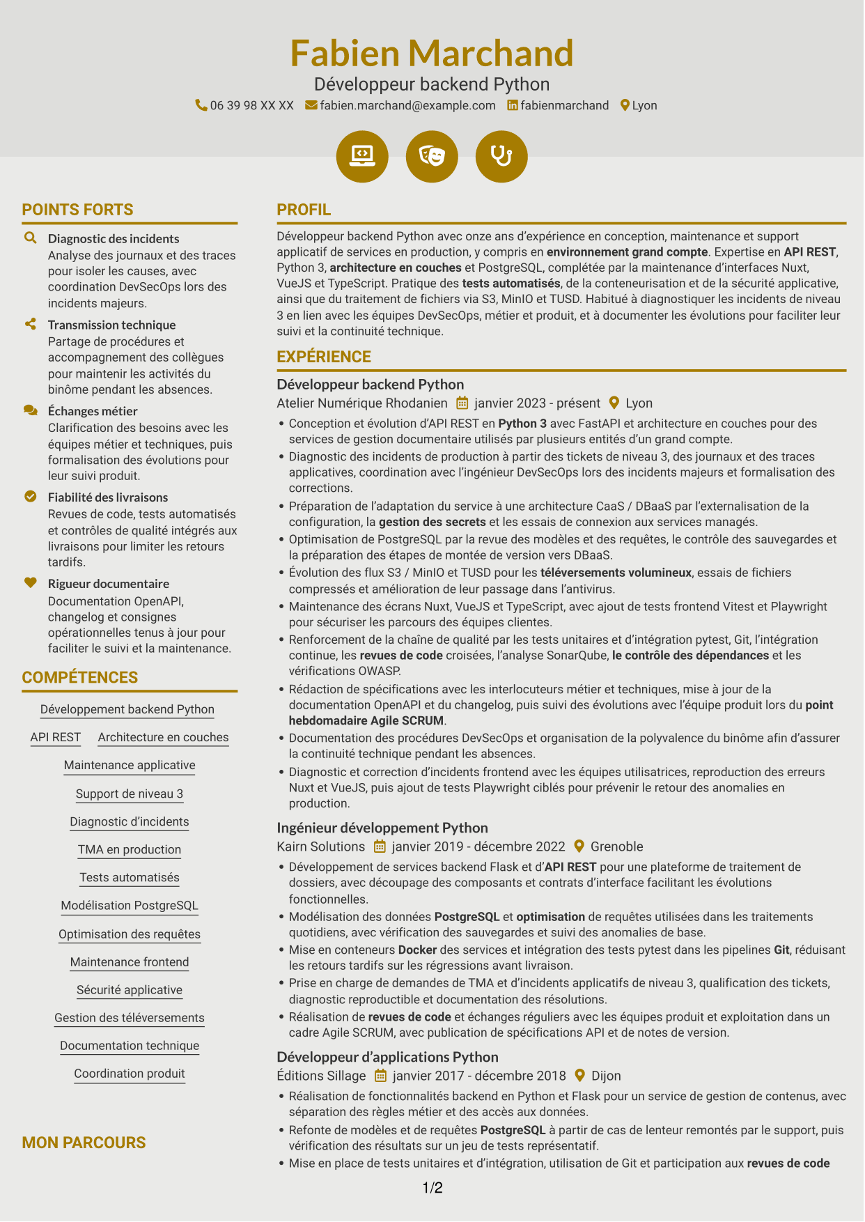 CV Dynamique (format à deux colonnes avec icônes) : Développeur Backend Python - API et maintenance applicative, page 1