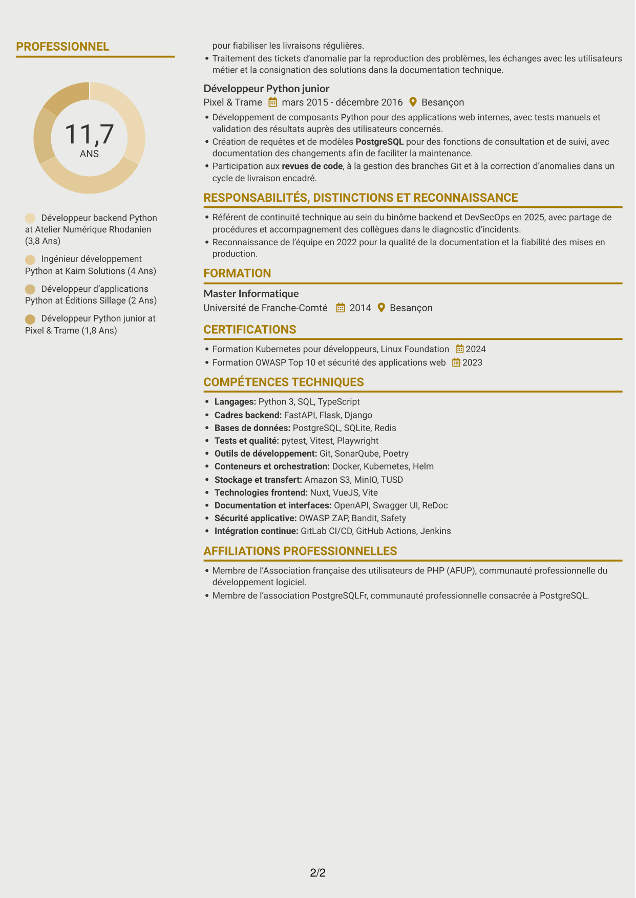 CV Dynamique (format à deux colonnes avec icônes) : Développeur Backend Python - API et maintenance applicative, page 2