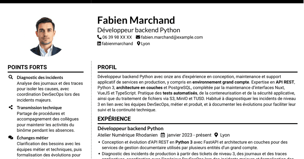 7 modèles de CV pour Développeur Backend Python - API et maintenance applicative, avec exemples