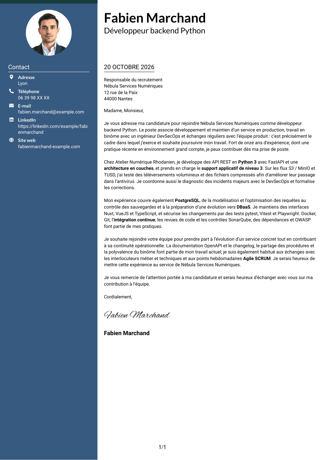 Lettre de motivation Élégant (format à colonne latérale colorée avec photo) : Développeur Backend Python - API et maintenance applicative, page 1