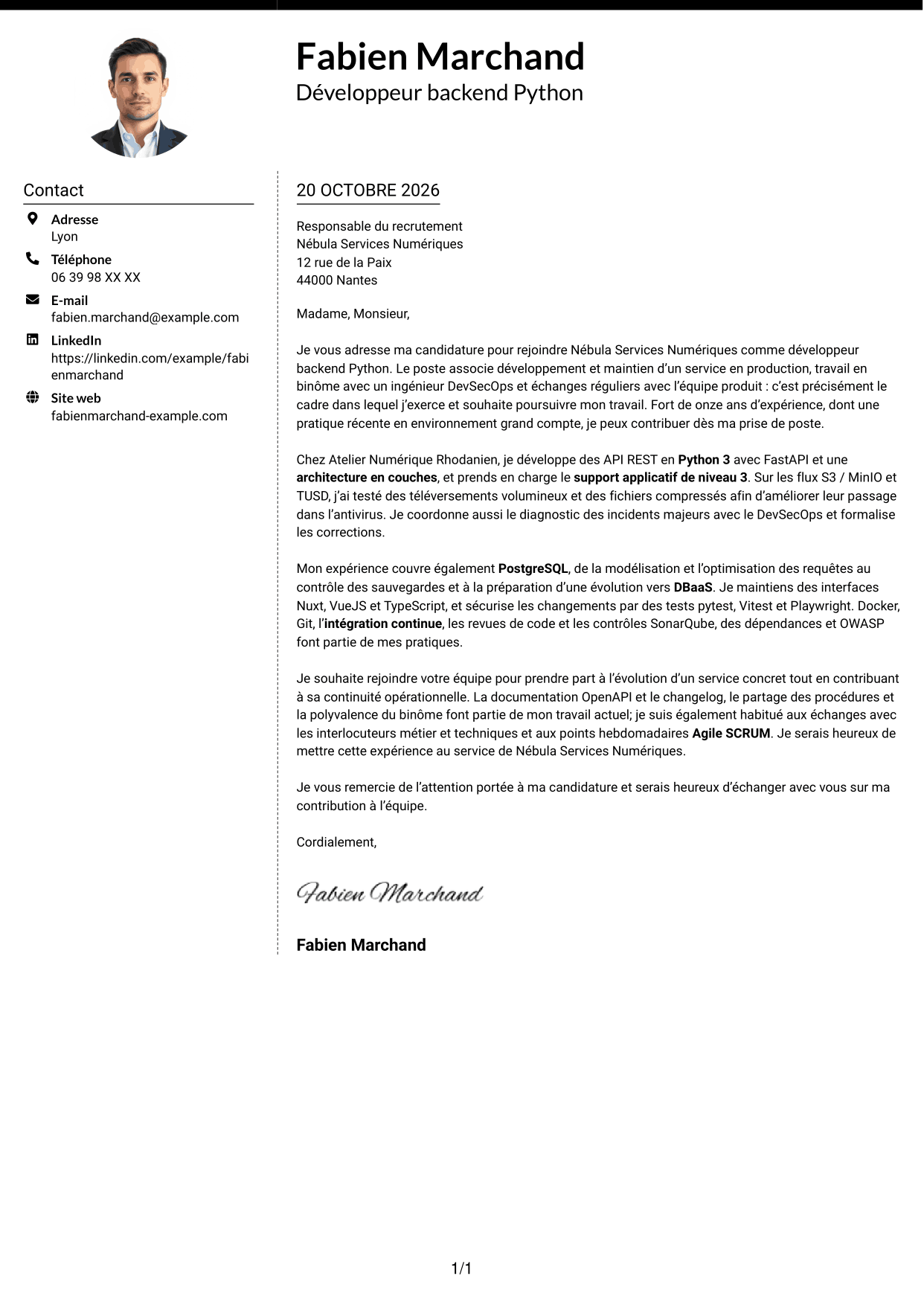 Lettre de motivation Moderne (format à deux colonnes avec photo à gauche et séparateur) : Développeur Backend Python - API et maintenance applicative, page 1