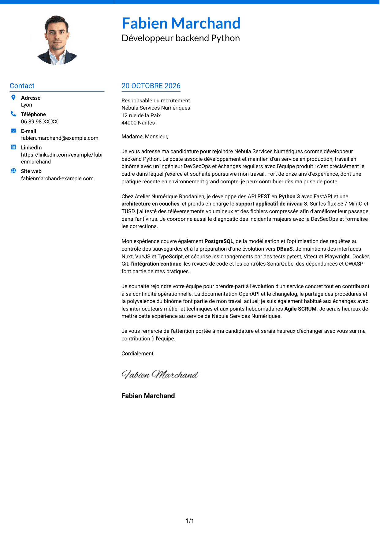 Lettre de motivation Audacieux (format à deux colonnes avec accents colorés et photo) : Développeur Backend Python - API et maintenance applicative, page 1