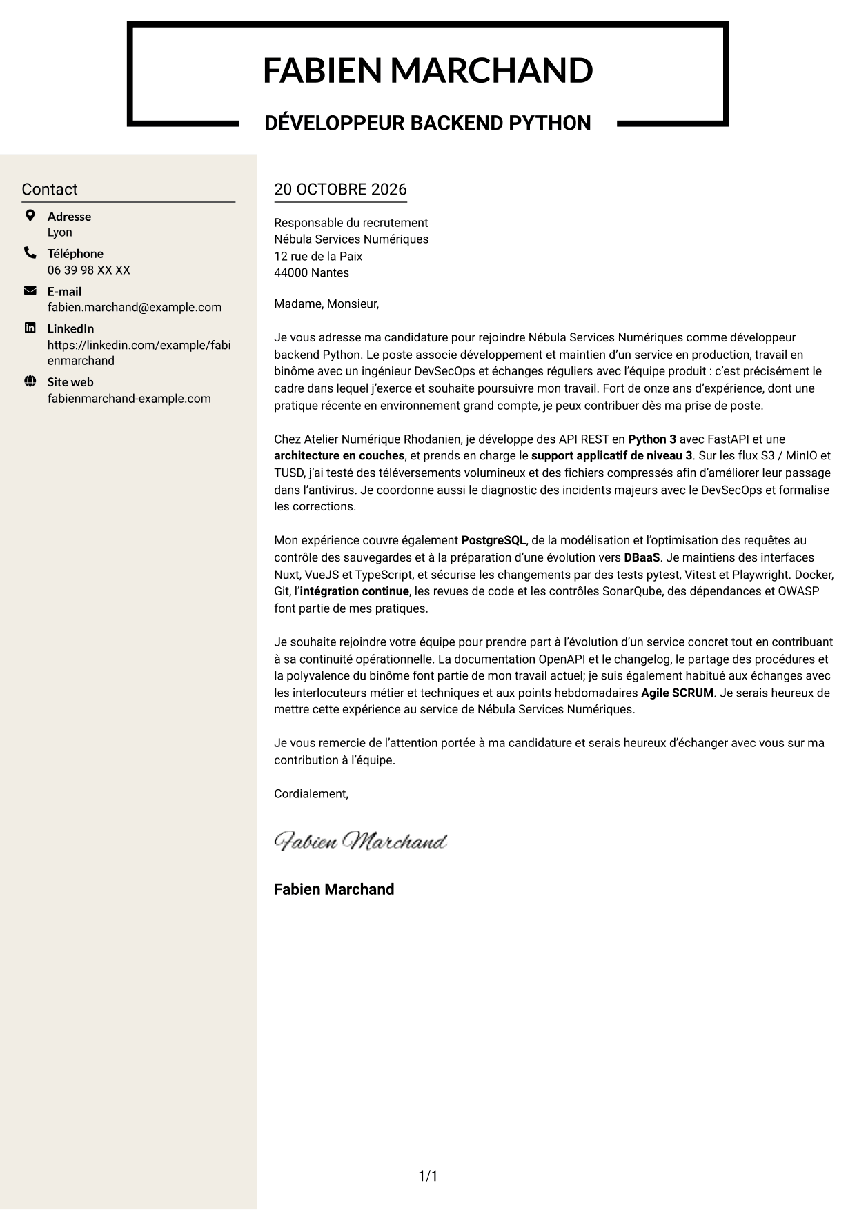 Lettre de motivation Fonceur (format à deux colonnes avec en-tête centré sans photo) : Développeur Backend Python - API et maintenance applicative, page 1