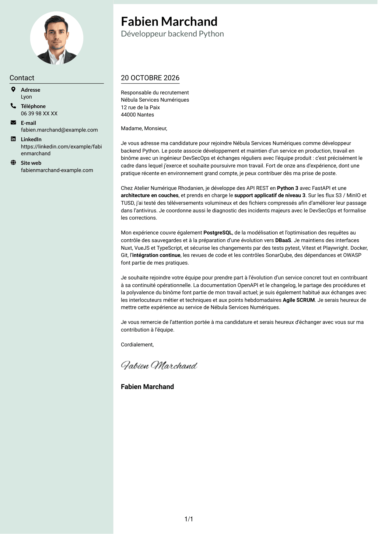 Lettre de motivation Cadre (format à colonne latérale douce avec photo arrondie) : Développeur Backend Python - API et maintenance applicative, page 1