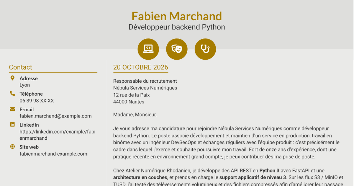 7 modèles de lettre de motivation pour Développeur Backend Python - API et maintenance applicative, avec exemples
