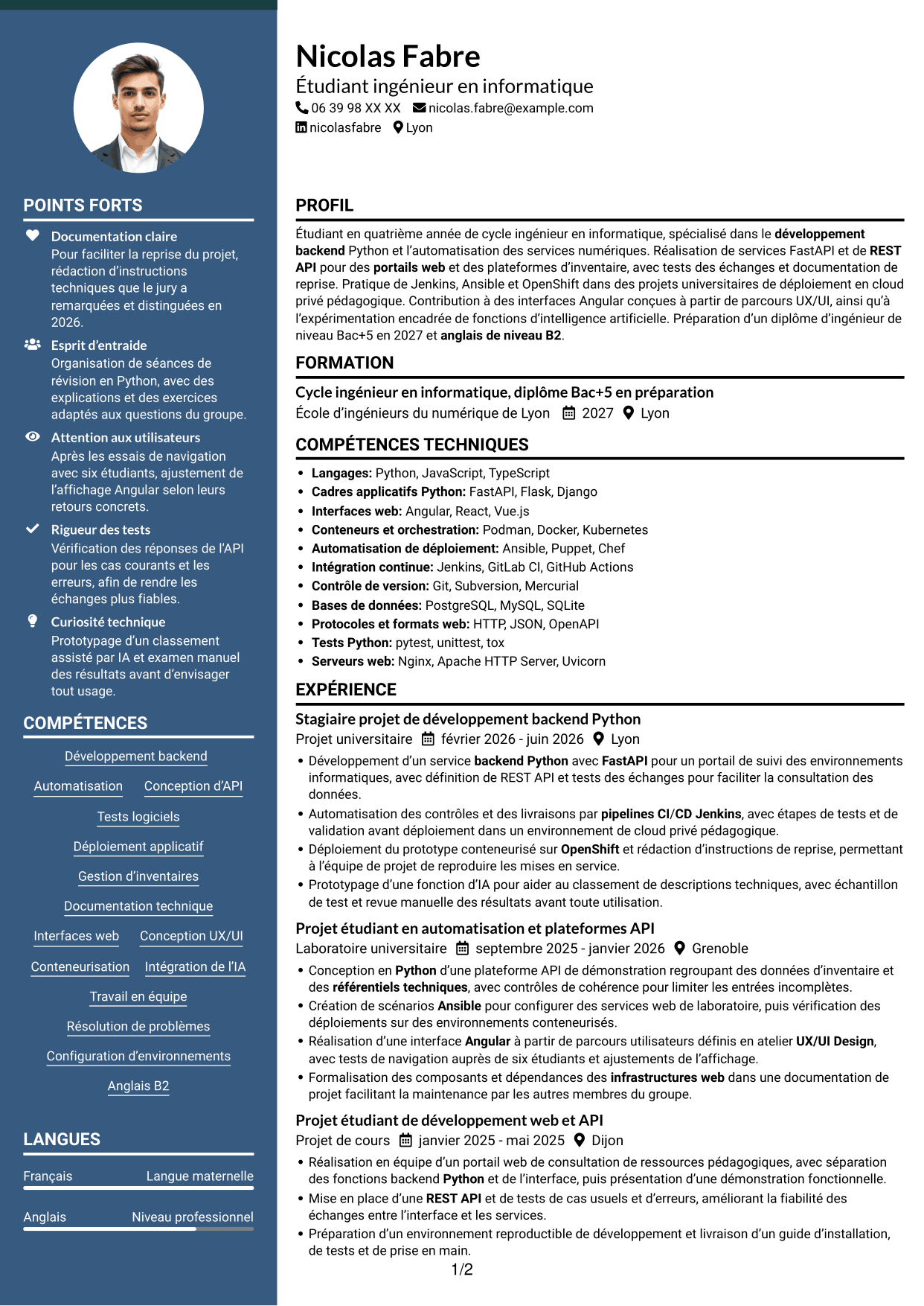 CV Élégant (format à colonne latérale colorée avec photo) : Développeur Backend Python, page 1
