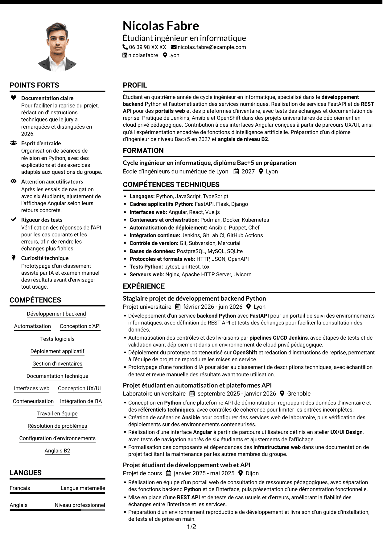 CV Moderne (format à deux colonnes avec photo à gauche et séparateur) : Développeur Backend Python, page 1