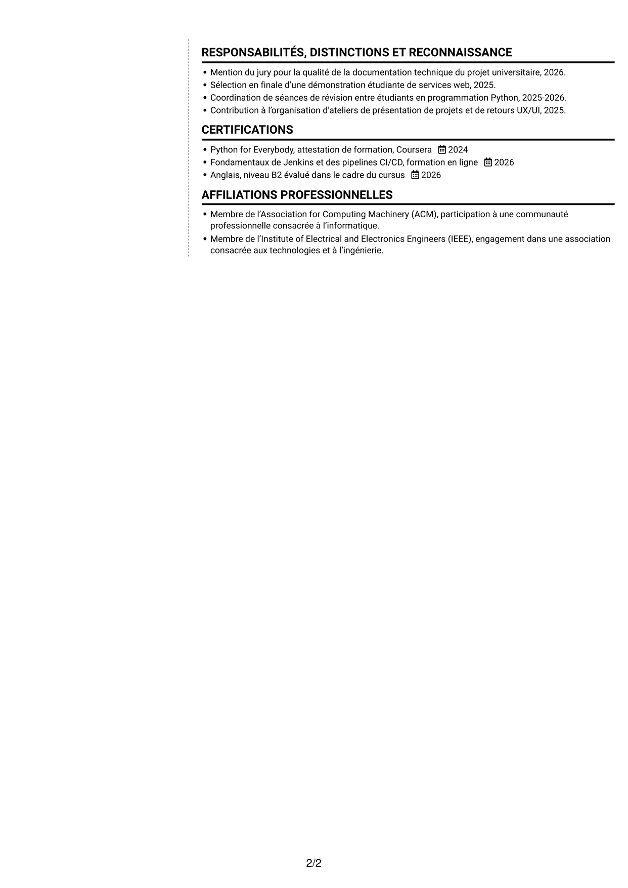 CV Moderne (format à deux colonnes avec photo à gauche et séparateur) : Développeur Backend Python, page 2