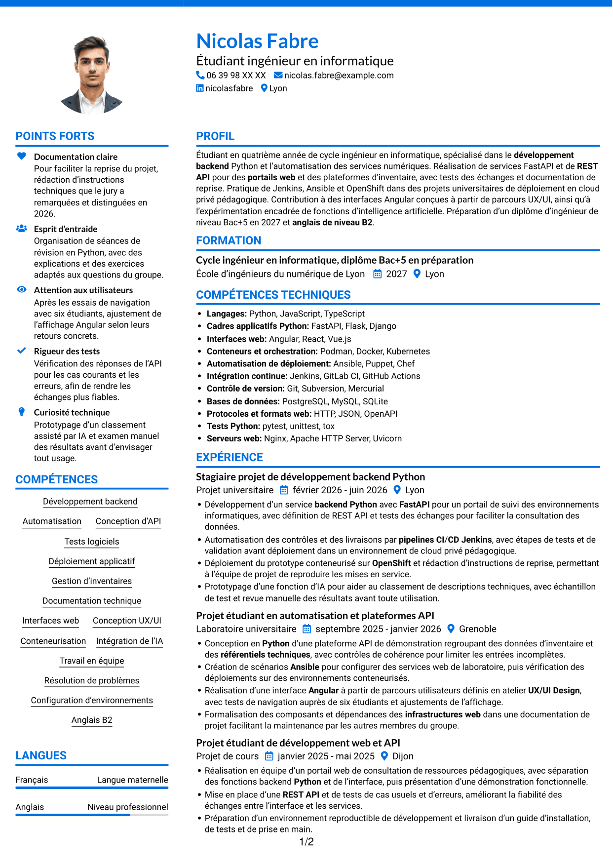 CV Audacieux (format à deux colonnes avec accents colorés et photo) : Développeur Backend Python, page 1