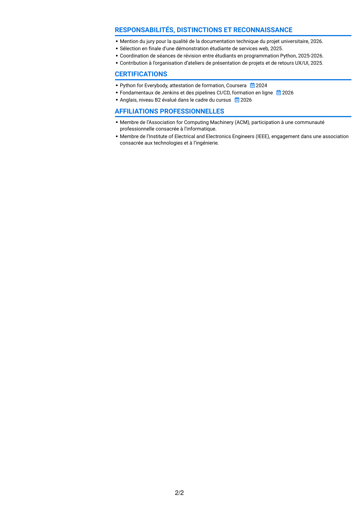 CV Audacieux (format à deux colonnes avec accents colorés et photo) : Développeur Backend Python, page 2