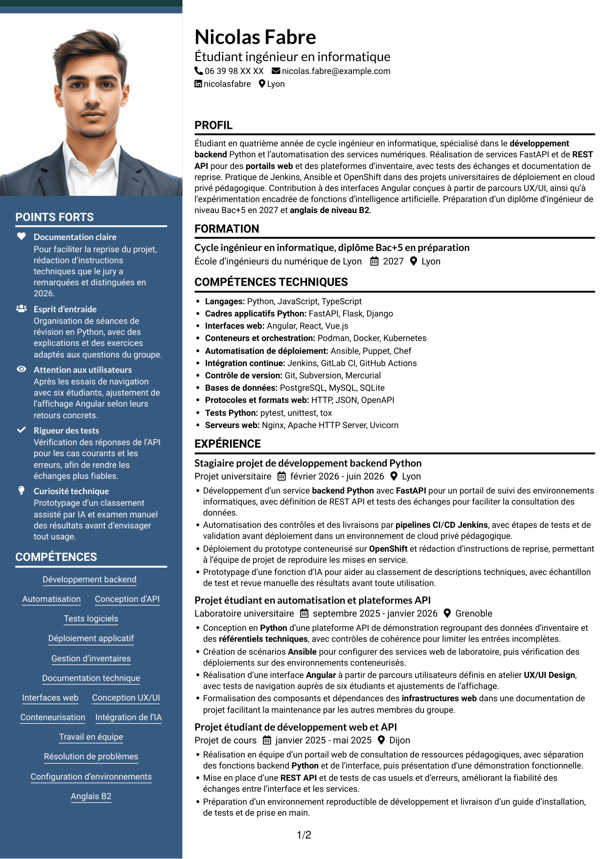 CV Signature (format à colonne latérale colorée avec grande photo) : Développeur Backend Python, page 1