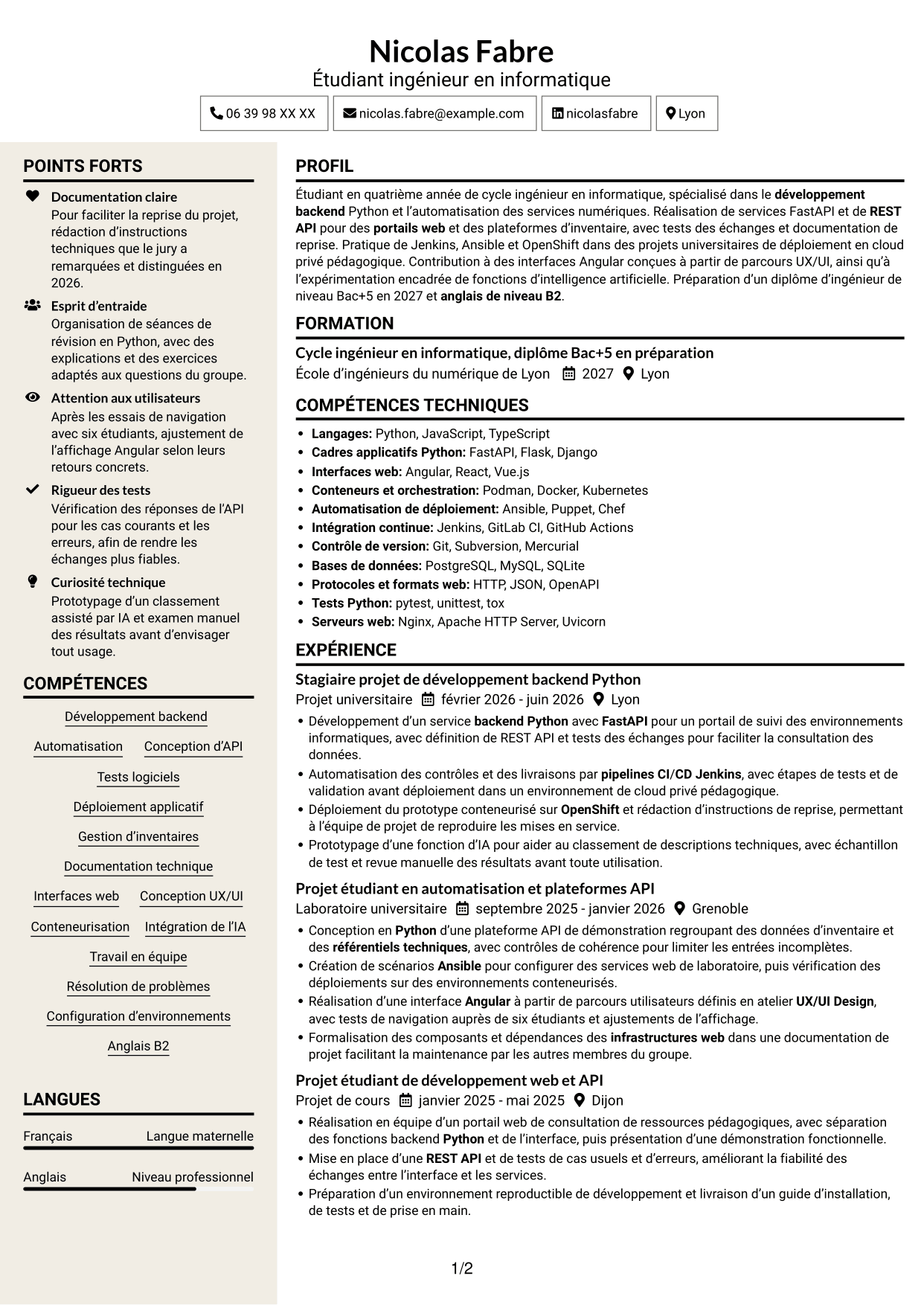 CV Fonceur (format à deux colonnes avec en-tête centré sans photo) : Développeur Backend Python, page 1