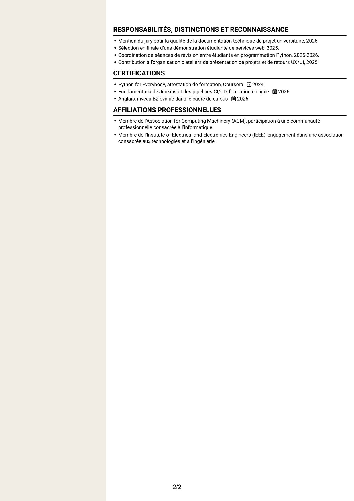 CV Fonceur (format à deux colonnes avec en-tête centré sans photo) : Développeur Backend Python, page 2
