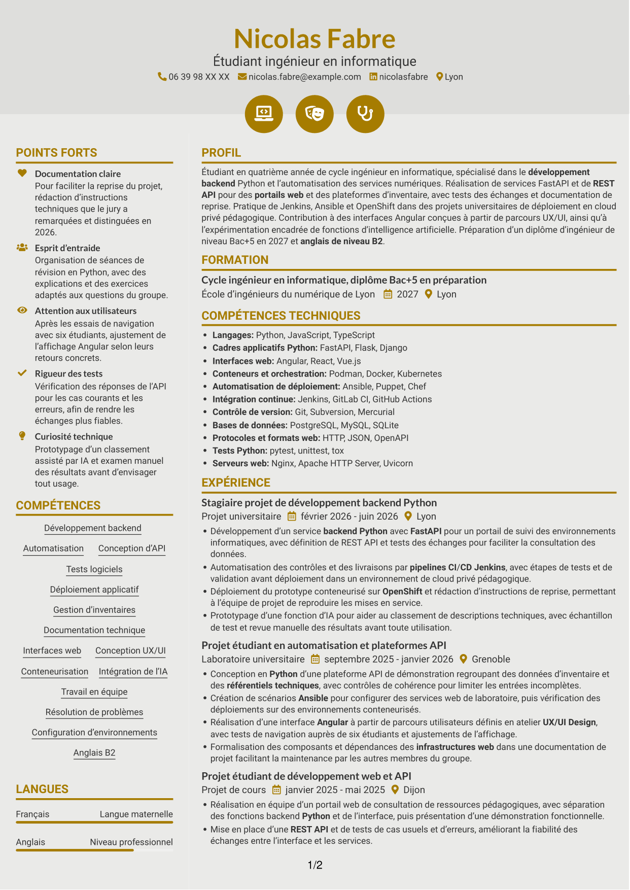 CV Dynamique (format à deux colonnes avec icônes) : Développeur Backend Python, page 1