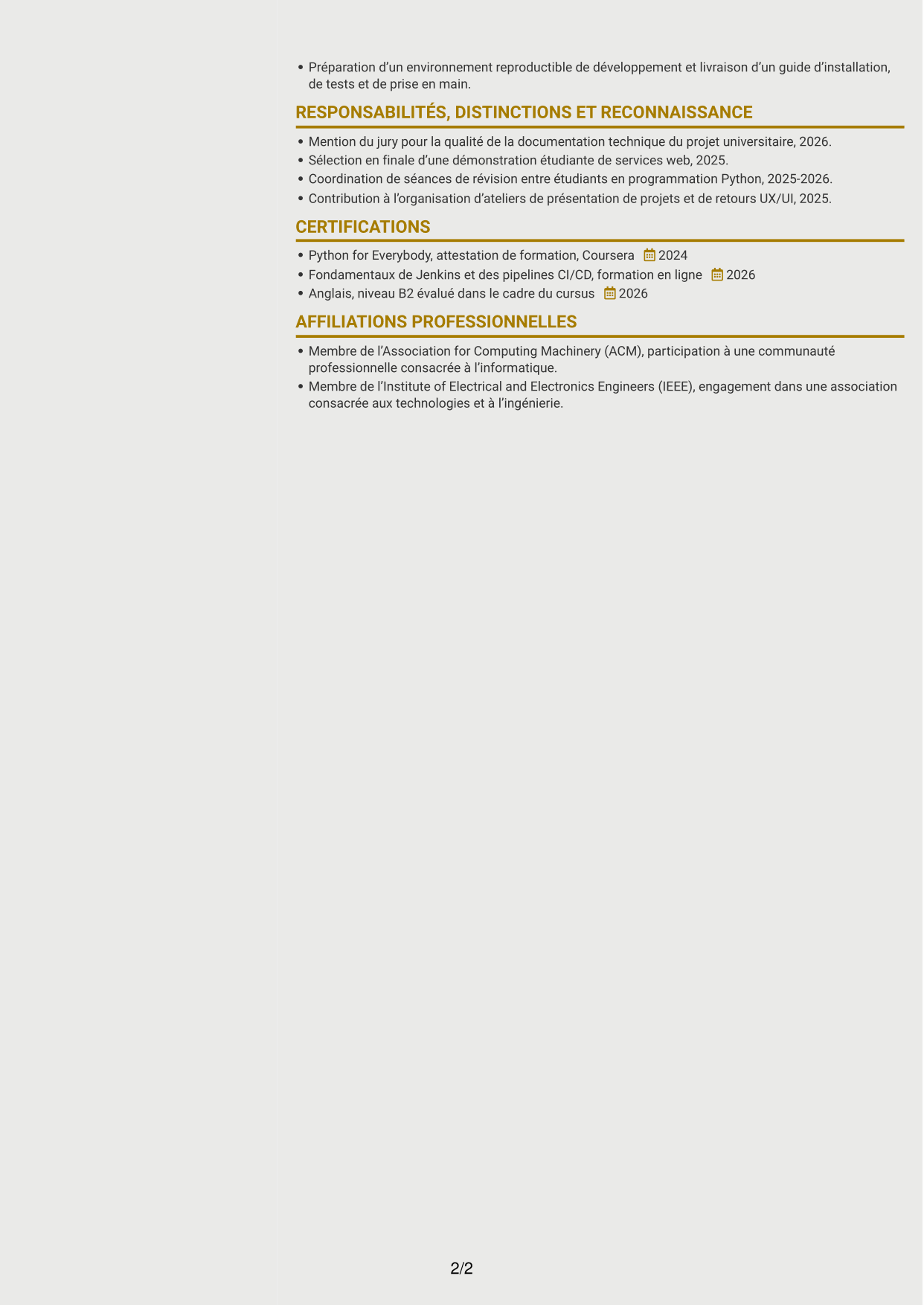 CV Dynamique (format à deux colonnes avec icônes) : Développeur Backend Python, page 2
