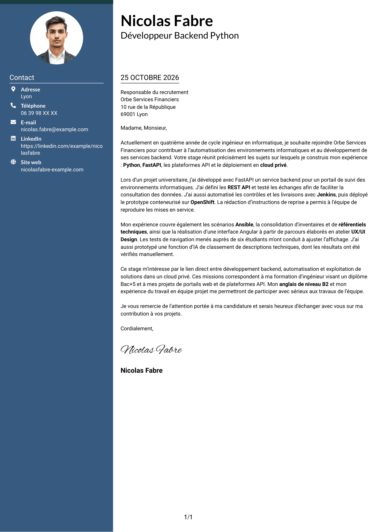 Lettre de motivation Élégant (format à colonne latérale colorée avec photo) : Développeur Backend Python, page 1