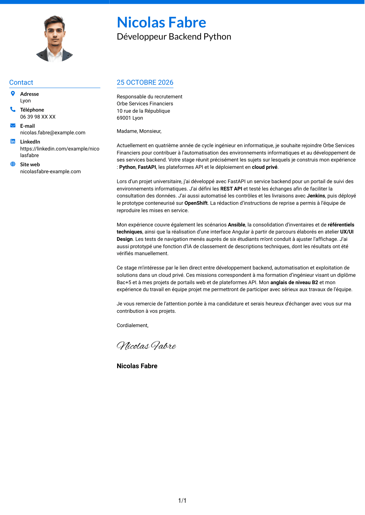 Lettre de motivation Audacieux (format à deux colonnes avec accents colorés et photo) : Développeur Backend Python, page 1
