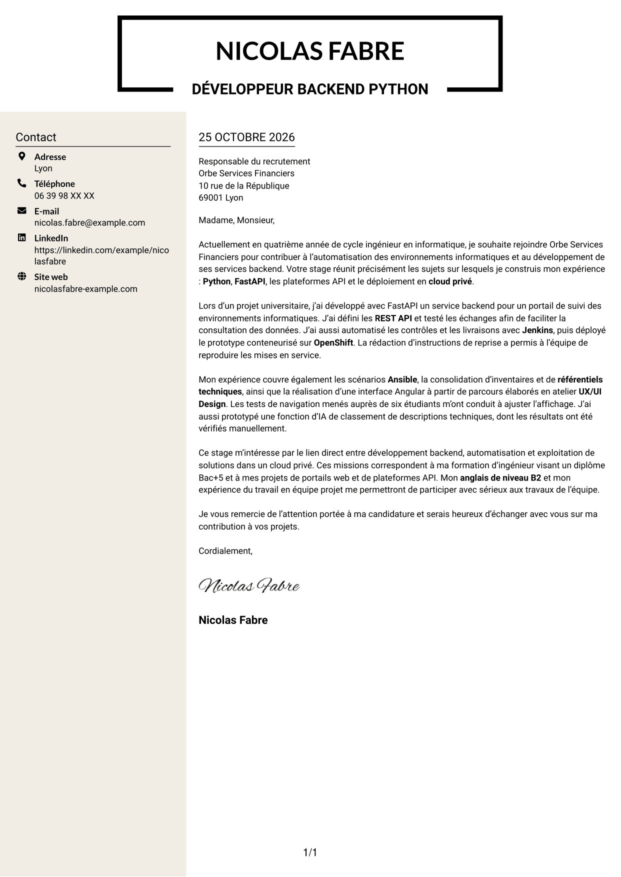 Lettre de motivation Fonceur (format à deux colonnes avec en-tête centré sans photo) : Développeur Backend Python, page 1
