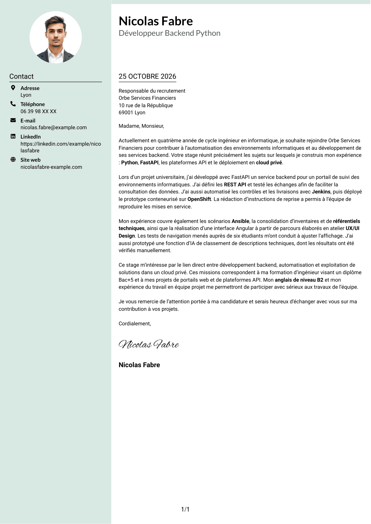 Lettre de motivation Cadre (format à colonne latérale douce avec photo arrondie) : Développeur Backend Python, page 1
