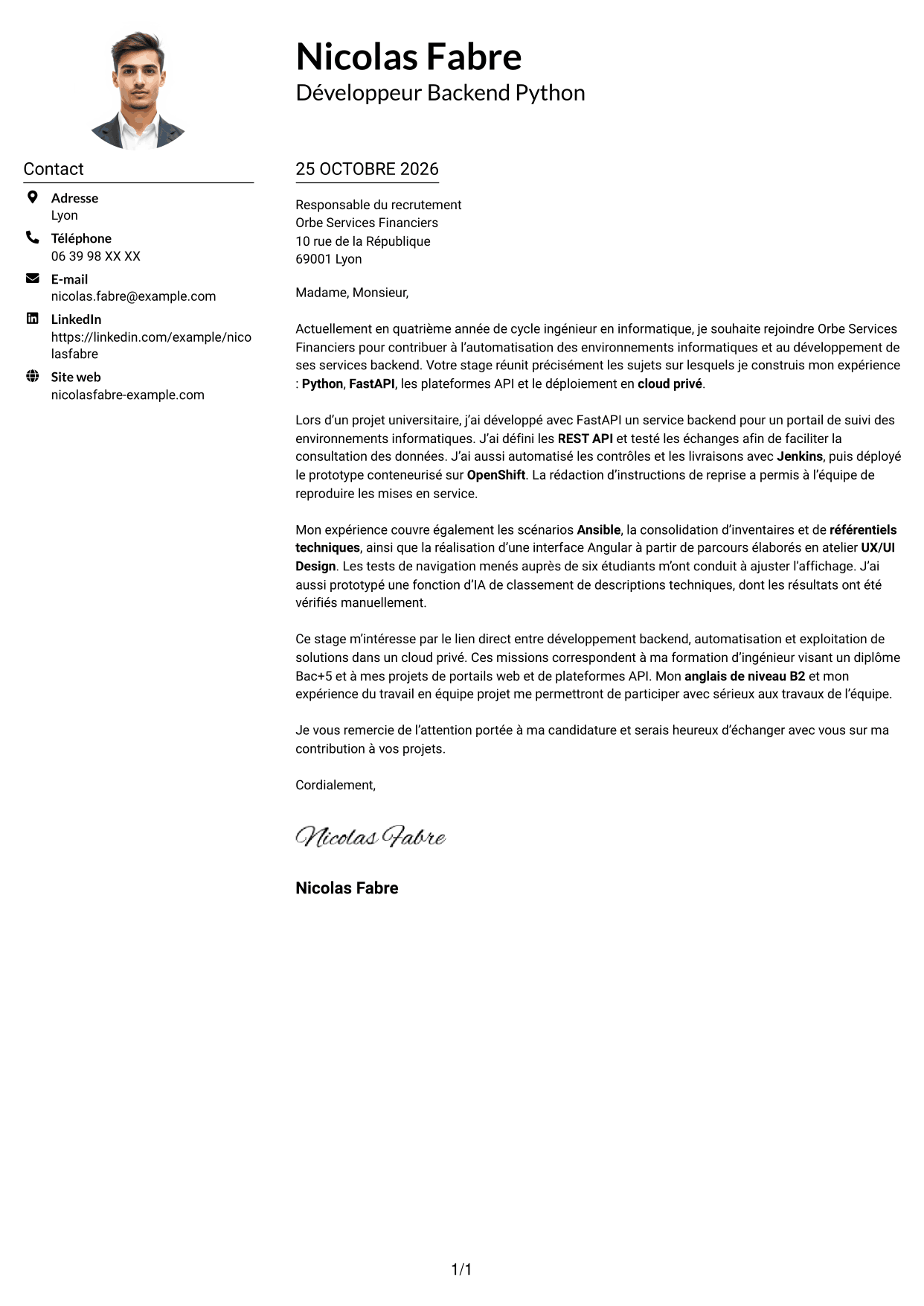 Exemple de lettre de motivation — page 1
