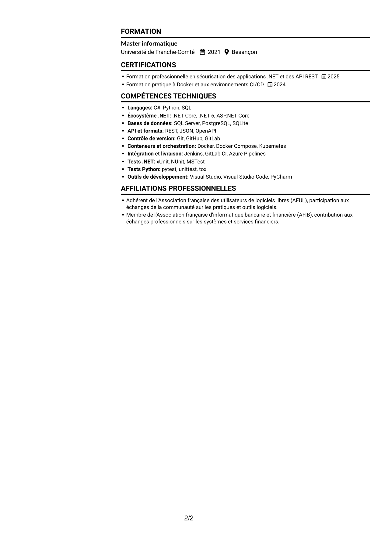 CV Compact (format sobre à deux colonnes avec photo) : Développeur C# / Python - Applications bancaires, page 2