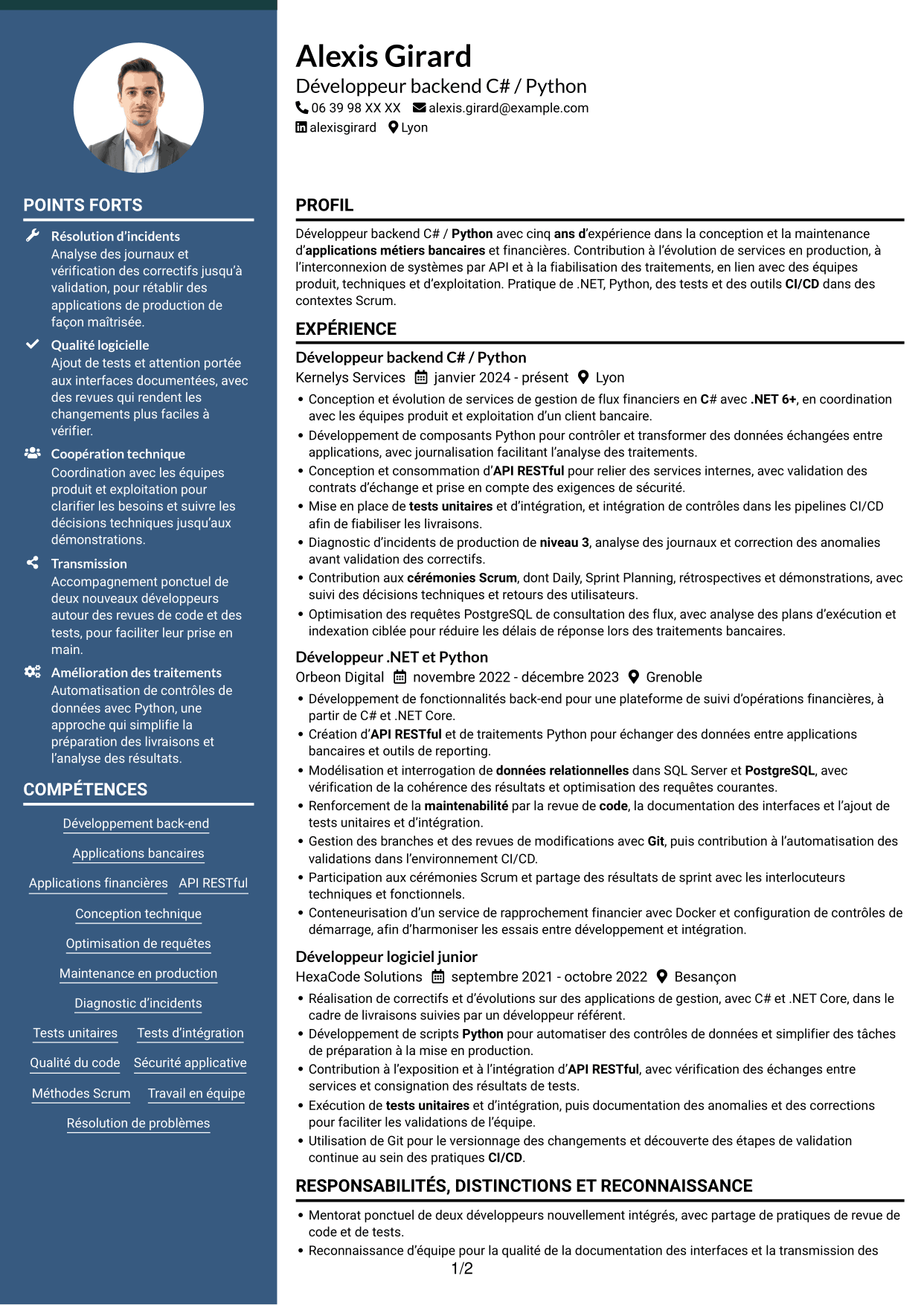 CV Élégant (format à colonne latérale colorée avec photo) : Développeur C# / Python - Applications bancaires, page 1