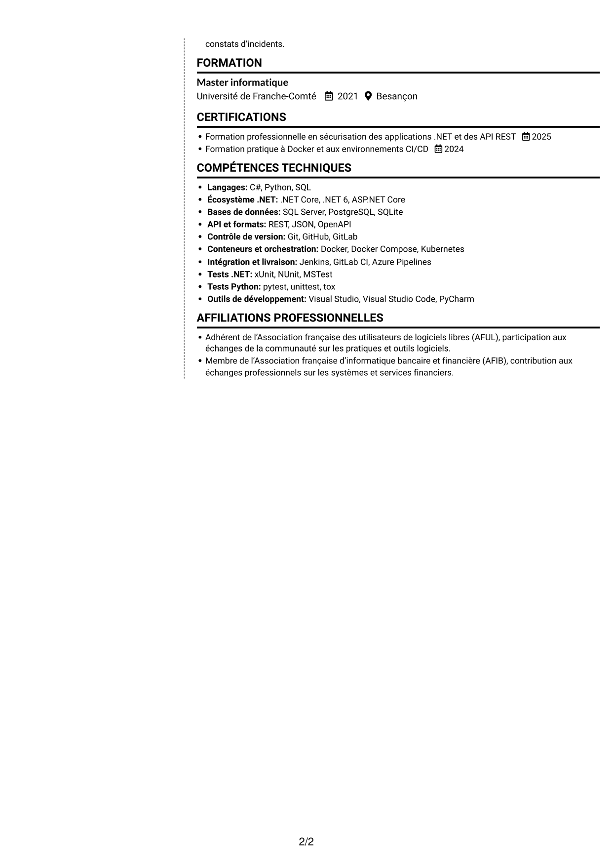 CV Moderne (format à deux colonnes avec photo à gauche et séparateur) : Développeur C# / Python - Applications bancaires, page 2
