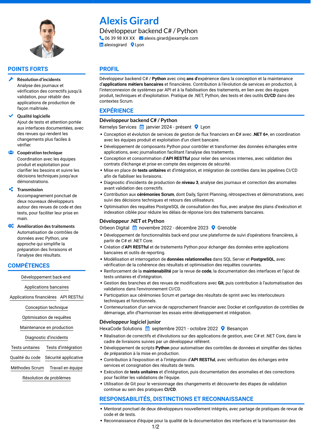 CV Audacieux (format à deux colonnes avec accents colorés et photo) : Développeur C# / Python - Applications bancaires, page 1