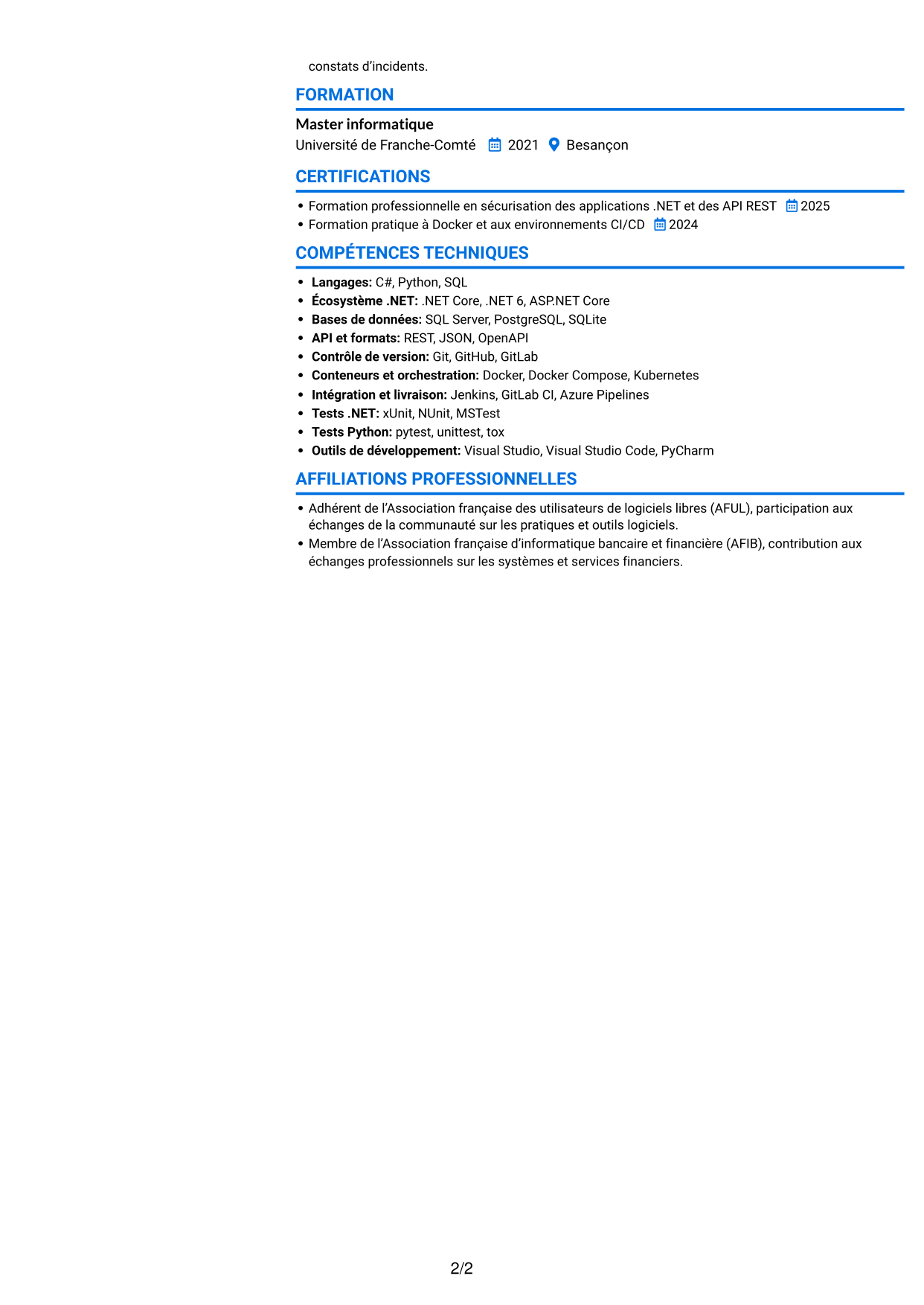 CV Audacieux (format à deux colonnes avec accents colorés et photo) : Développeur C# / Python - Applications bancaires, page 2