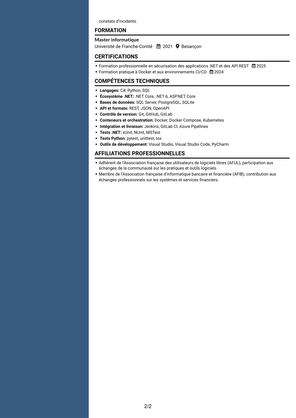 CV Signature (format à colonne latérale colorée avec grande photo) : Développeur C# / Python - Applications bancaires, page 2
