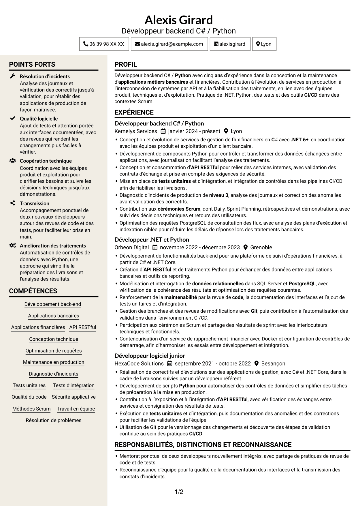 CV Fonceur (format à deux colonnes avec en-tête centré sans photo) : Développeur C# / Python - Applications bancaires, page 1
