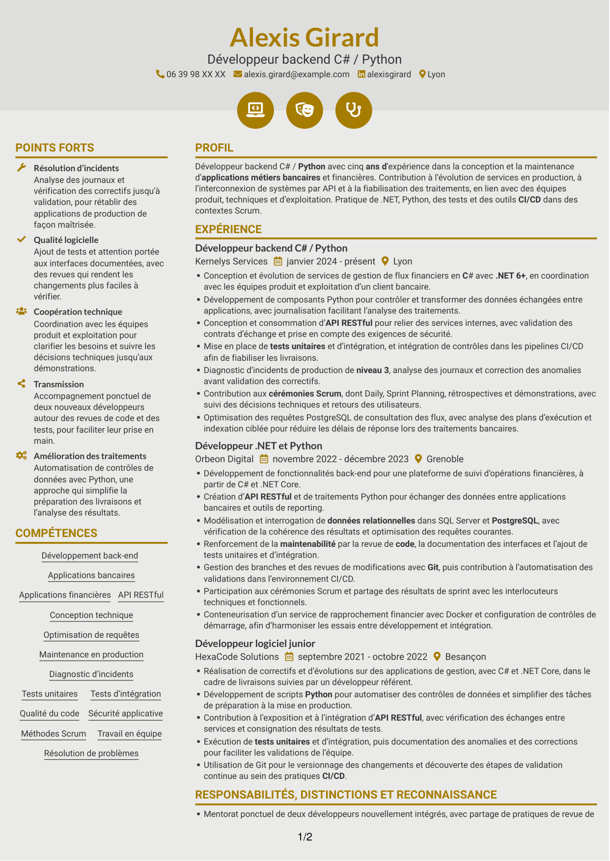 CV Dynamique (format à deux colonnes avec icônes) : Développeur C# / Python - Applications bancaires, page 1