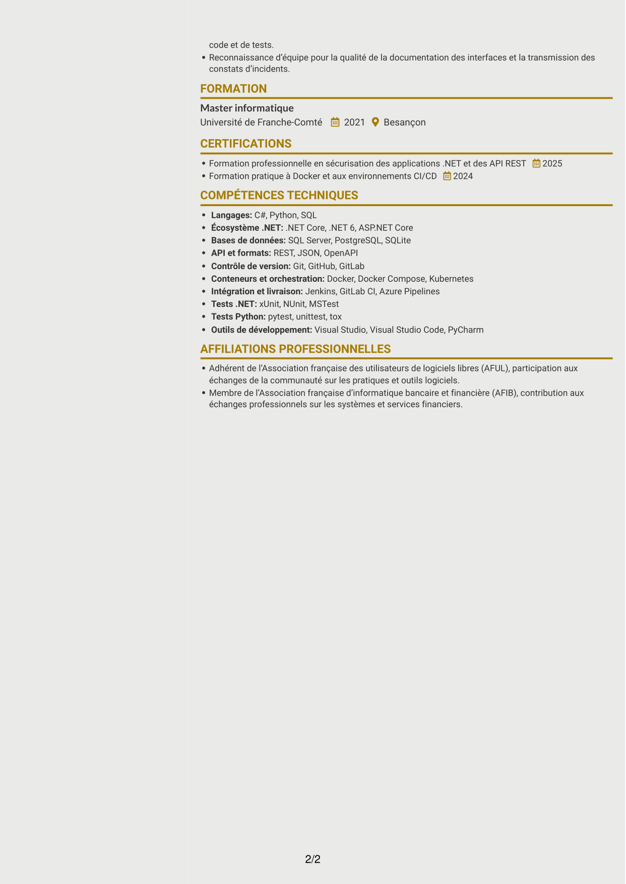 CV Dynamique (format à deux colonnes avec icônes) : Développeur C# / Python - Applications bancaires, page 2