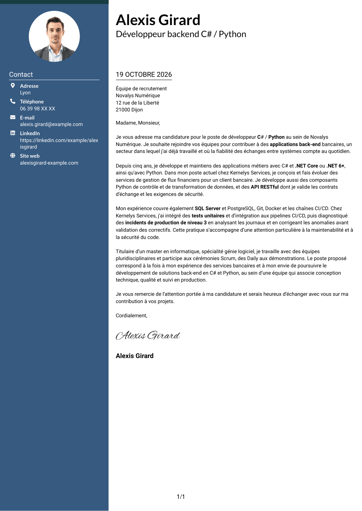Lettre de motivation Élégant (format à colonne latérale colorée avec photo) : Développeur C# / Python - Applications bancaires, page 1