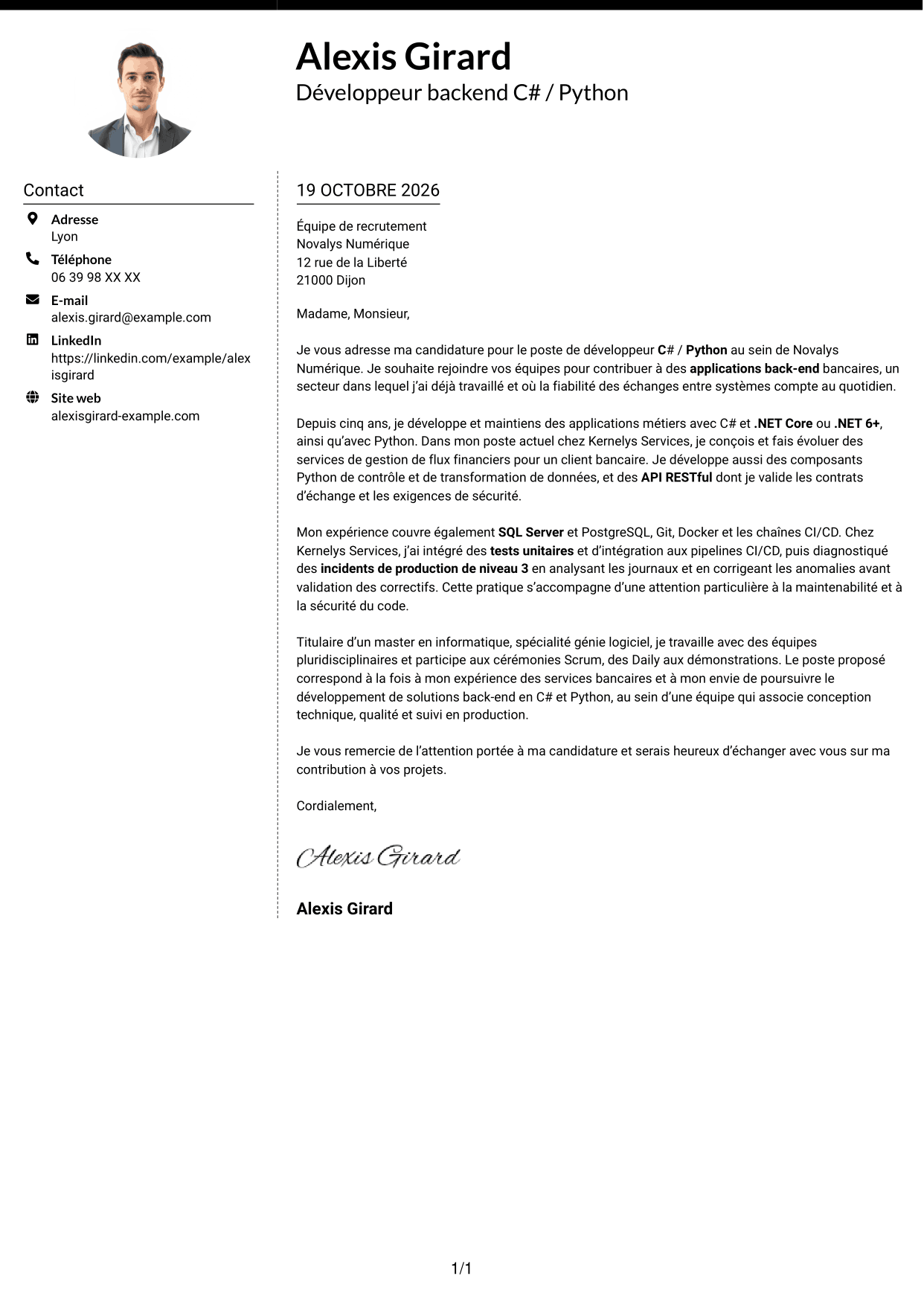 Lettre de motivation Moderne (format à deux colonnes avec photo à gauche et séparateur) : Développeur C# / Python - Applications bancaires, page 1