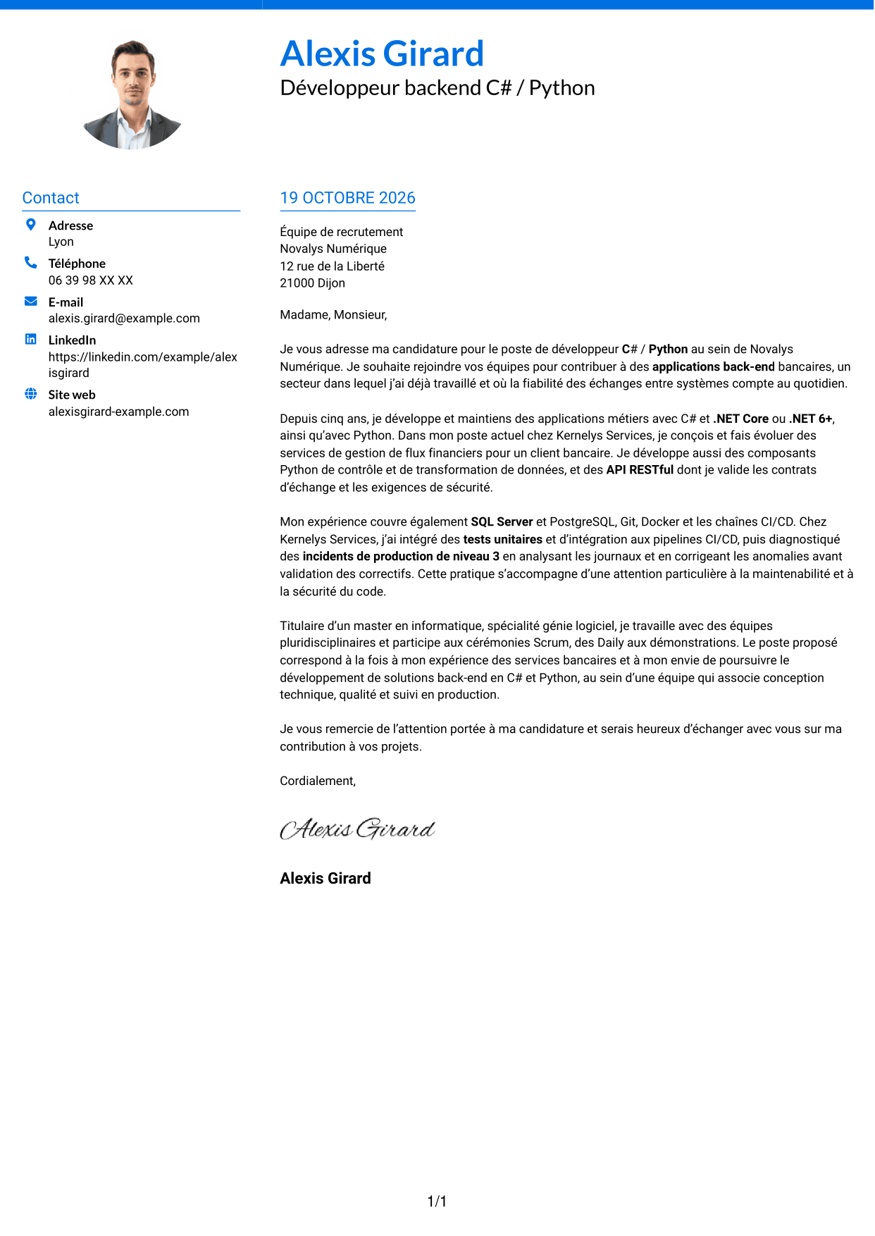 Lettre de motivation Audacieux (format à deux colonnes avec accents colorés et photo) : Développeur C# / Python - Applications bancaires, page 1