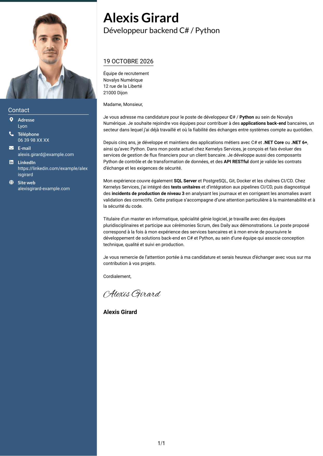 Lettre de motivation Signature (format à colonne latérale colorée avec grande photo) : Développeur C# / Python - Applications bancaires, page 1