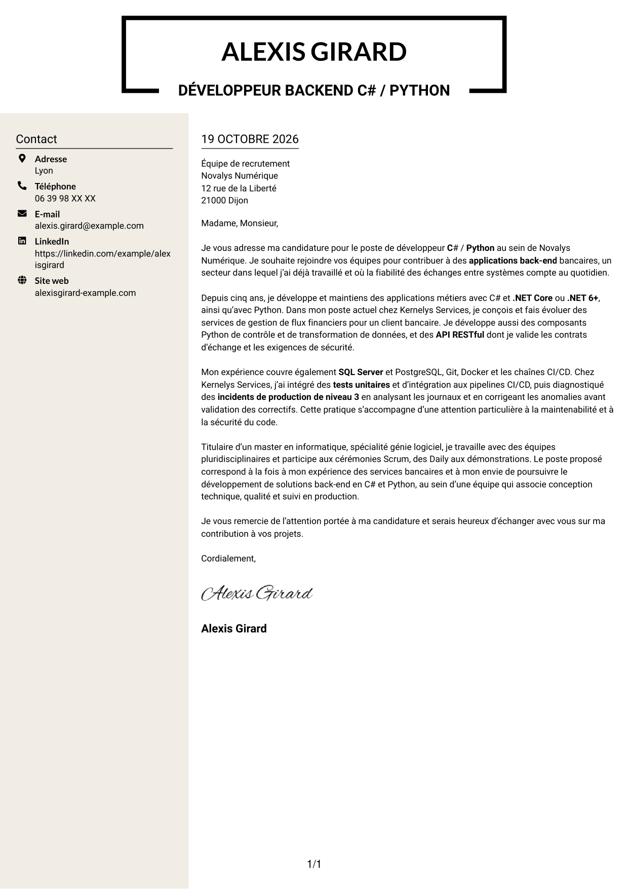 Lettre de motivation Fonceur (format à deux colonnes avec en-tête centré sans photo) : Développeur C# / Python - Applications bancaires, page 1