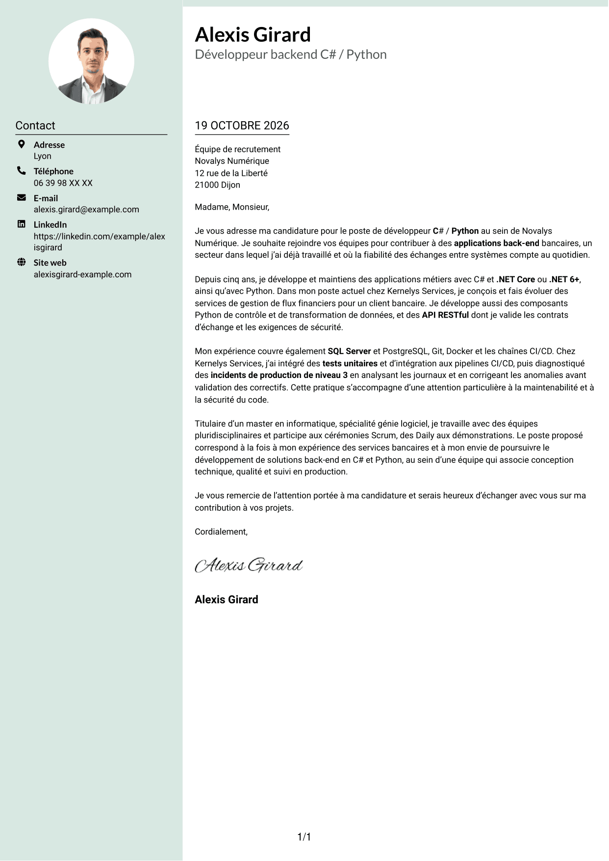Lettre de motivation Cadre (format à colonne latérale douce avec photo arrondie) : Développeur C# / Python - Applications bancaires, page 1
