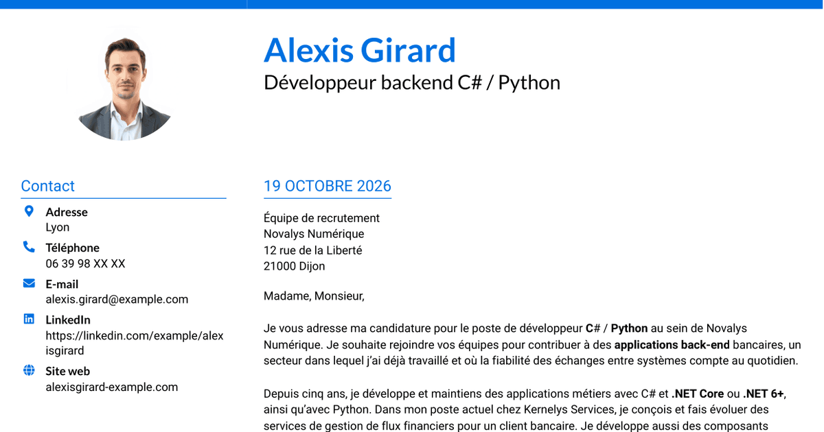 7 modèles de lettre de motivation pour Développeur C# / Python - Applications bancaires, avec exemples