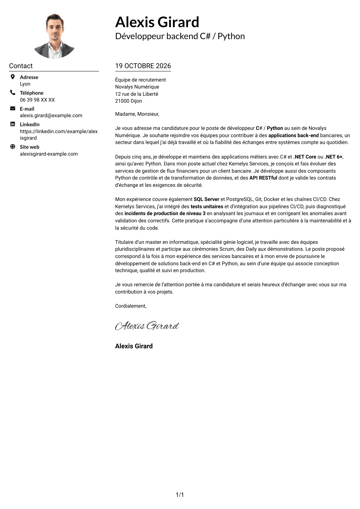 Exemple de lettre de motivation — page 1