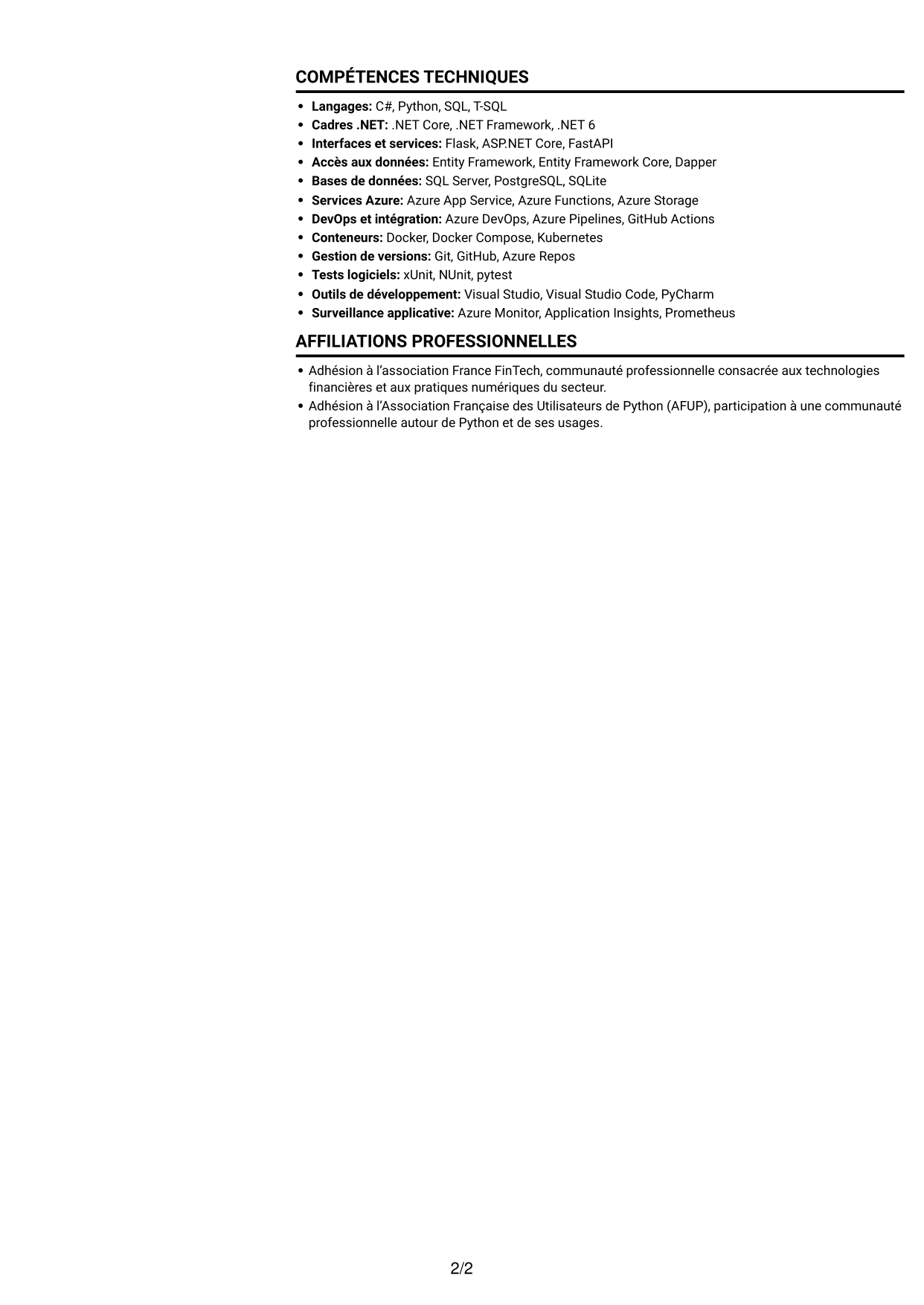 CV Compact (format sobre à deux colonnes avec photo) : Développeur C# / Python - Market Risk, page 2